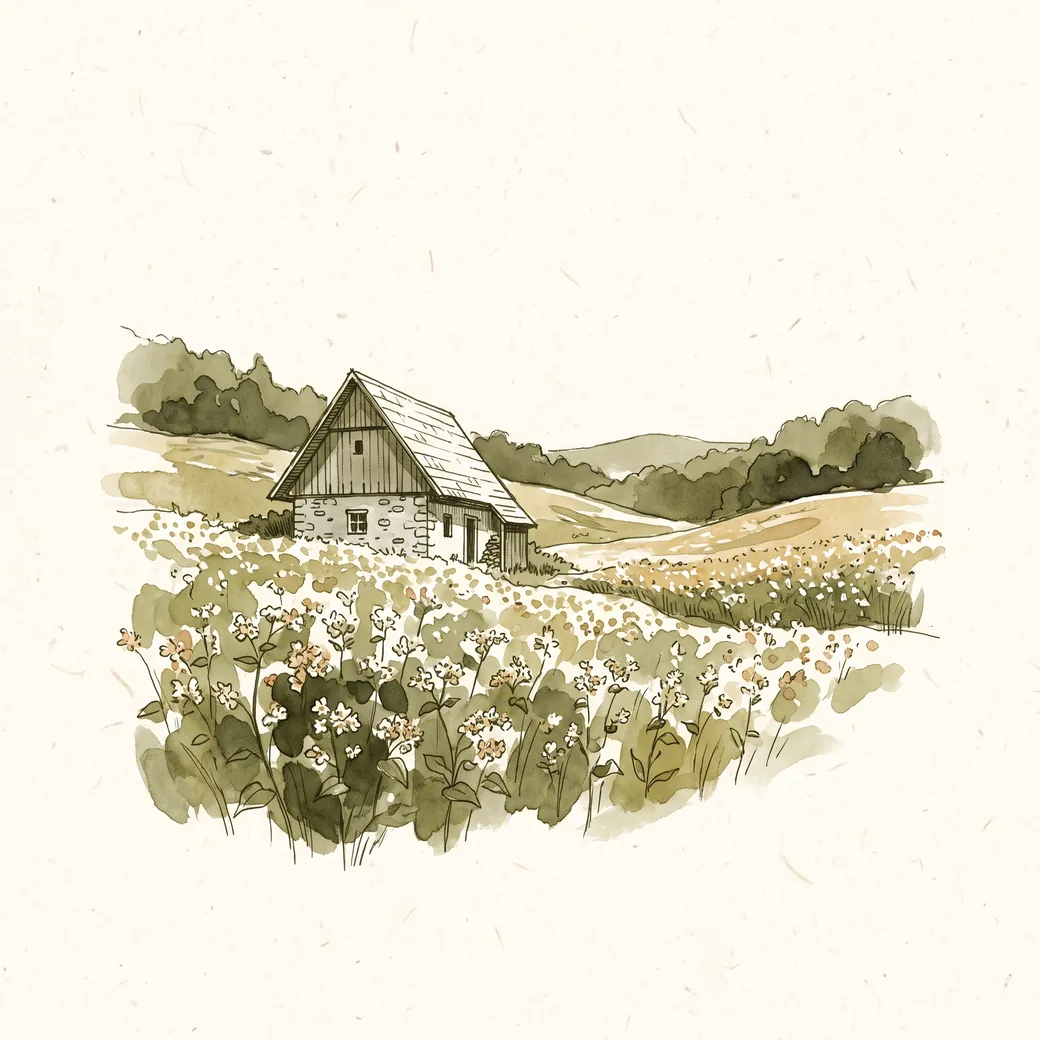 Ilustracija kmetije na Vrzdencu sredi cvetočega polja ajde
