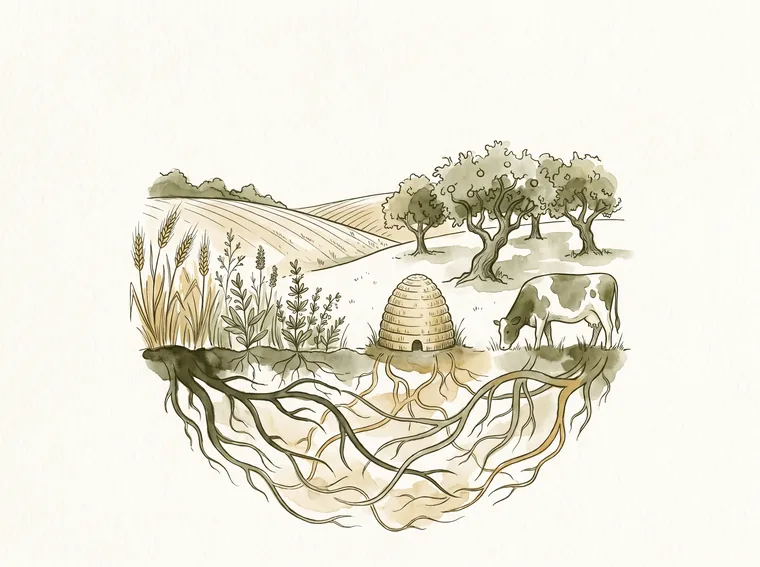 Ilustracija kmetije kot organizma: njiva, sadovnjak, panj in krava v krogu