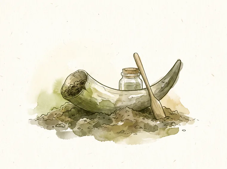 Ilustracija kravjega roga s kompostom na prekopani zemlji