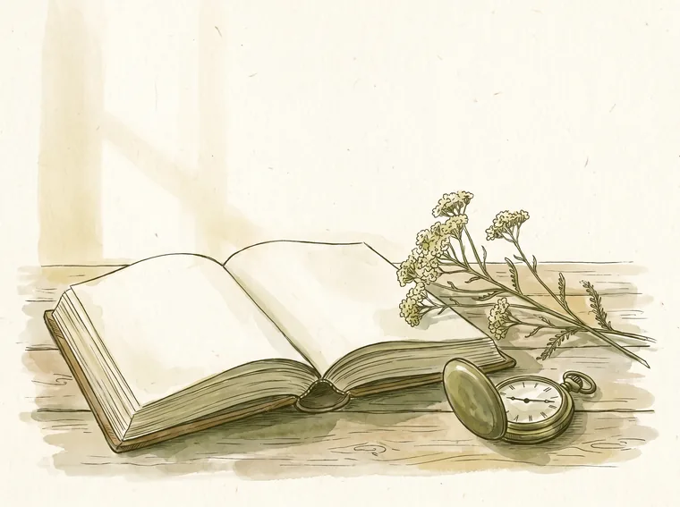 Ilustracija odprte knjige z žepno uro in vejico rmana